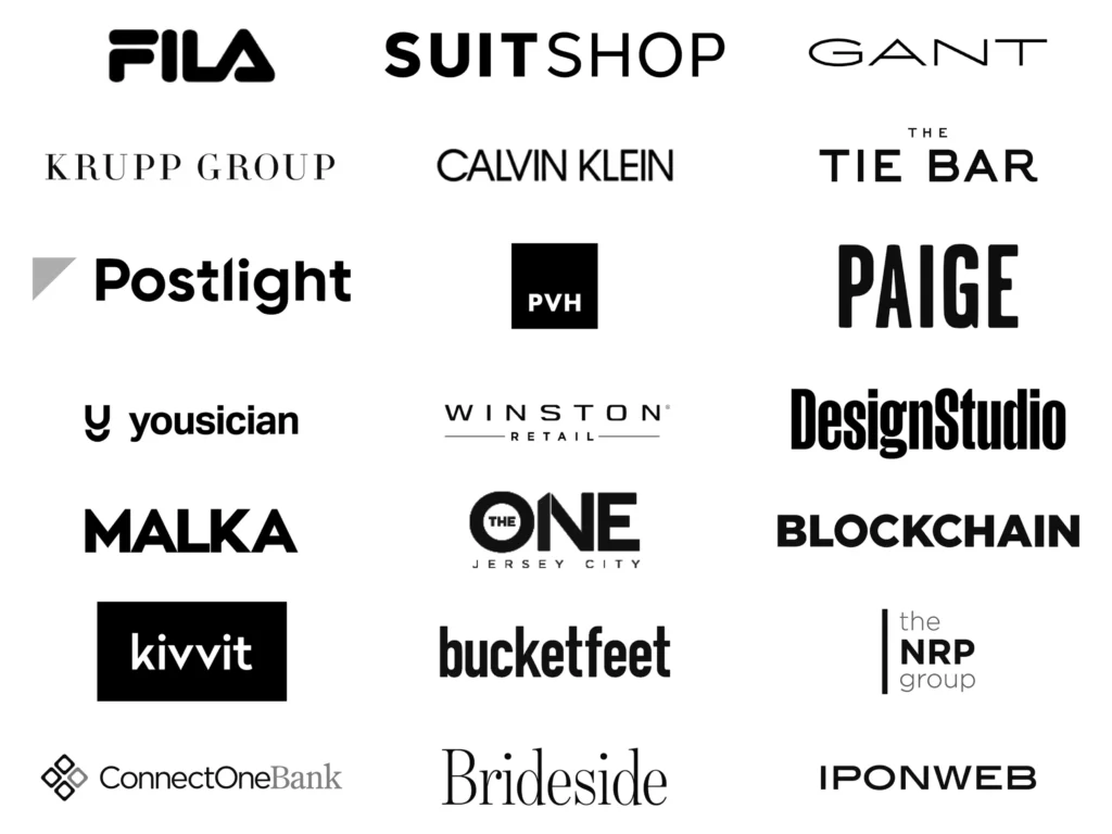 Logos of companies: Fila, SuitShop, Gant, Krupp Group, Calvin Klein, The Tie Bar, Postlight, PVH, Paige, Yousician, Winston Retail, DesignStudio, Malka, Kivvit, Blockchain, ConnectOneBank, The One Jersey City, bucketfeet, Brideside, The NRP Group, IPONWEB.