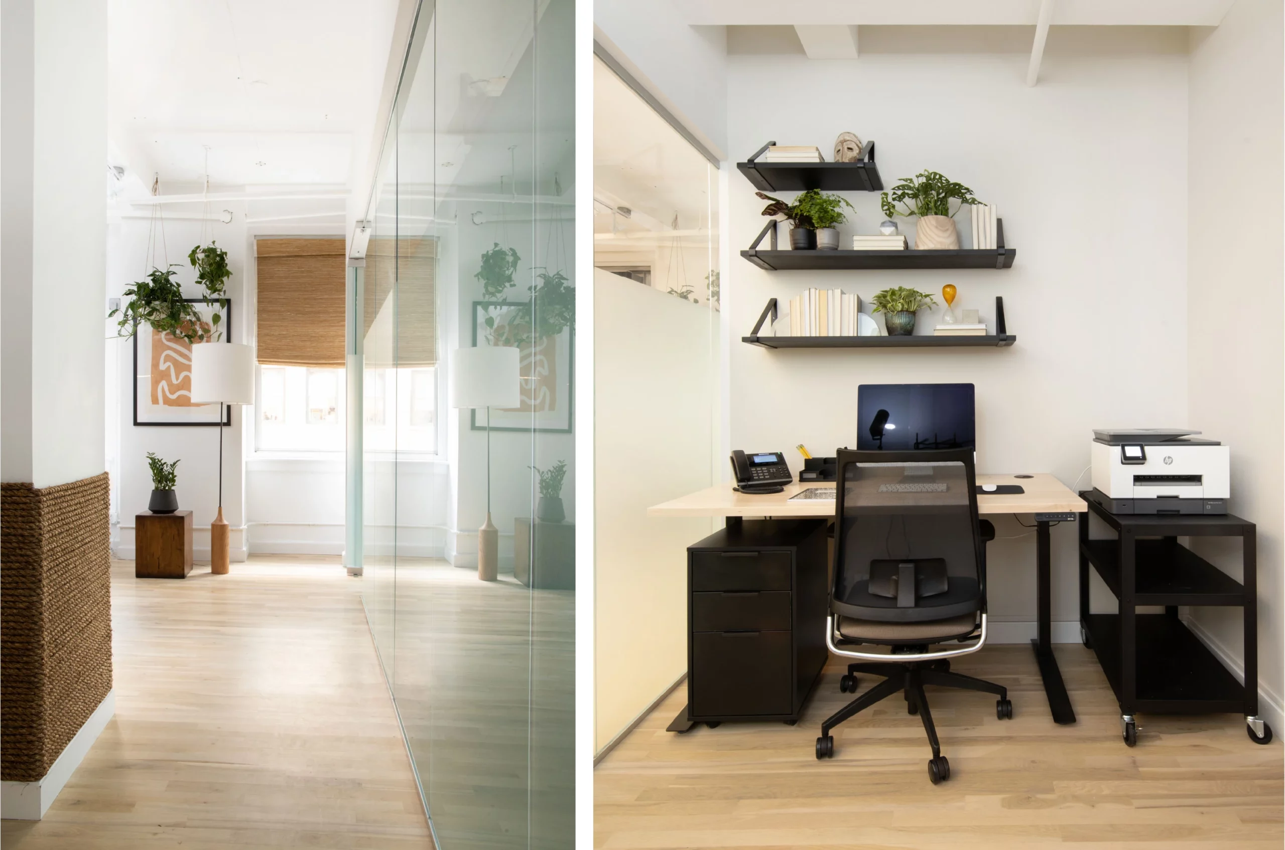 Individual office with light walls and natural wood flooring
