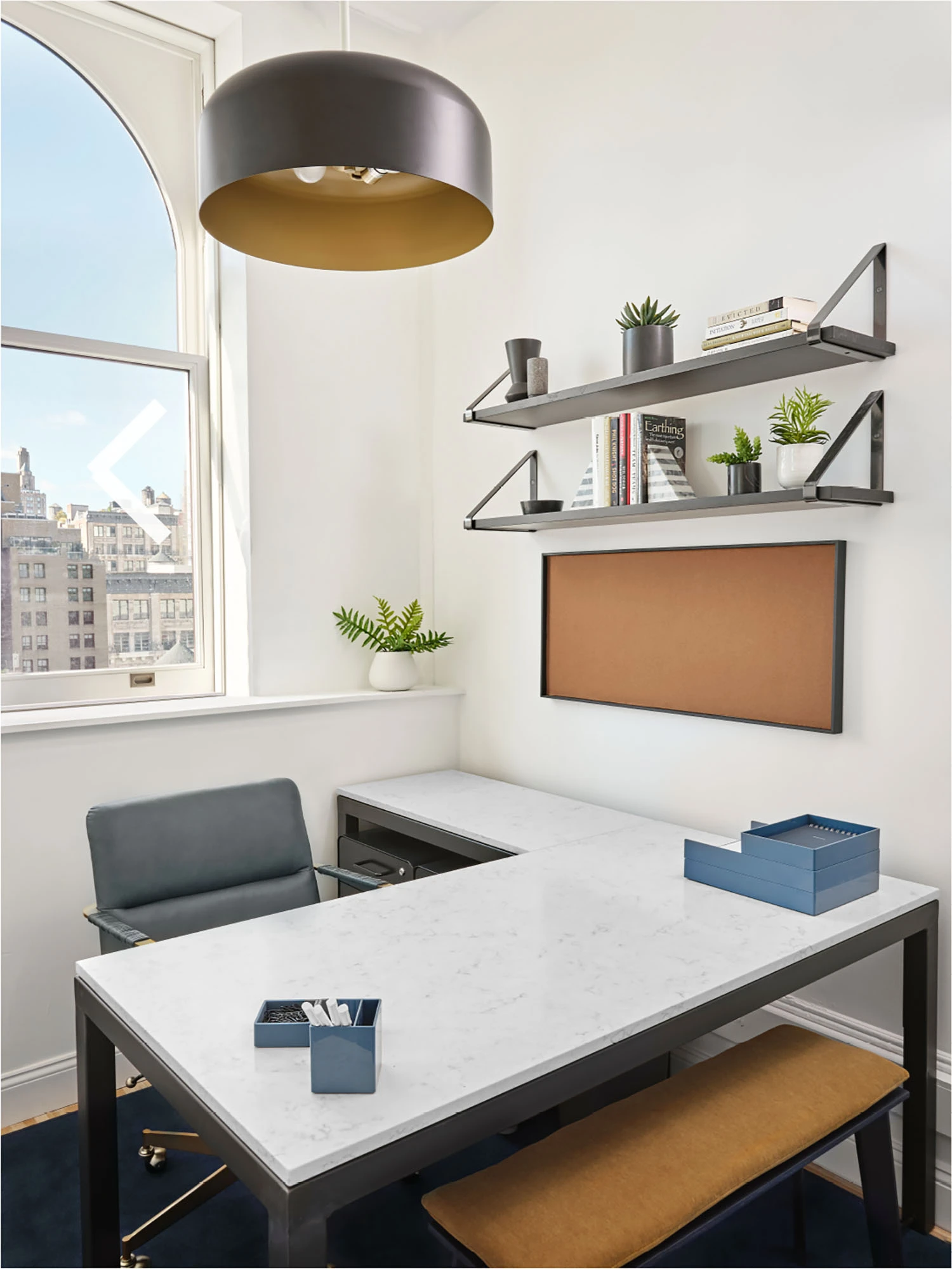 Modern office with desk and shelving