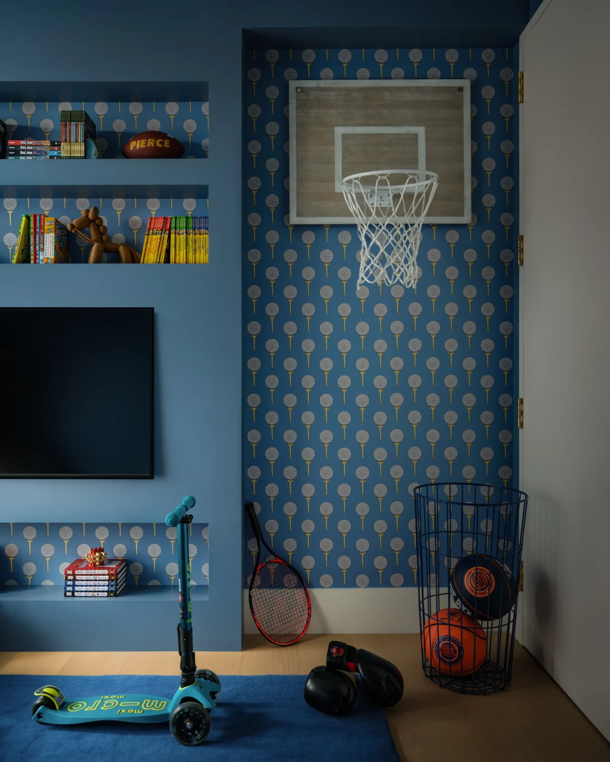 Blue boys bedroom interior design in a Manhattan apartment with golf wallpaper, basketball hoop, built-in shelves, scooter, and sports storage